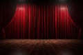 Red curtain theater or opera stage with wooden floor. Template grand opening concert or movie premiere backstage, curtain for Royalty Free Stock Photo