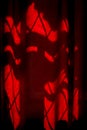 Red curtain on the window. Lines of light on red developing tissue.