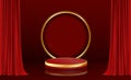 Red Curtains background and golden pedestal. Trendy empty podium display Royalty Free Stock Photo