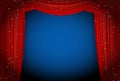 Red curtains on blue background with glittering stars