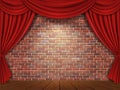 Red curtains on brick wall background
