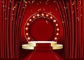 The red curtains are the porters of the theater stage, and the golden podium has three steps. Royalty Free Stock Photo