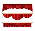 Red curtains. Realistic luxury curtain cornice set. Interior drapery textile, silk or velvet scene decoration. Theatre