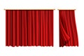 Red curtains. Realistic luxury curtain on golden decor, domestic fabric interior drapery. Silk or velvet scene Royalty Free Stock Photo
