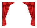 Red curtains realistic. Theater fabric silk decoration for movie cinema or opera hall. Curtains and draperies interior Royalty Free Stock Photo