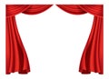 Red curtains realistic. Theater fabric silk decoration for movie cinema or opera hall. Curtains and draperies interior