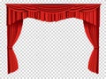 Red curtains realistic. Theater fabric silk decoration for movie cinema or opera hall. Curtains and draperies interior Royalty Free Stock Photo