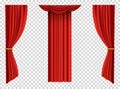 Red curtains realistic. Theater fabric silk decoration for movie cinema or opera hall. Curtains and draperies interior