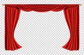 Red curtains realistic. Theater fabric silk decoration for movie cinema or opera hall. Curtains and draperies interior Royalty Free Stock Photo
