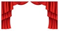 Red curtains realistic. Theater fabric silk decoration for movie cinema or opera hall. Curtains and draperies interior