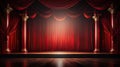 Red curtains on the stage of theater and film. Empty Stage with a closed red curtain, light from footlights background