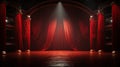Red curtains on the stage of theater and film. Empty Stage with a closed red curtain, light from footlights background Royalty Free Stock Photo