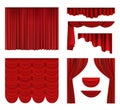 Red curtains. Theater fabric silk decoration for movie cinema or opera hall luxury curtains vector realistic