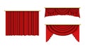 Red curtains for theater scene. Realistic curtain cornice decor for interior of cinema, opera. Theatre velvet decoration for