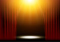 Red curtains theater scene stage backdrop. Vector show background performance concert. Light party design of stage Royalty Free Stock Photo
