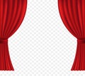 Red curtains. Vector chic drapes gathered on the sides. Vector clipart isolated on transparent background