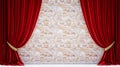 Red curtains or velvet drapes on an old rustic brick wall, Red curtains on brick wall background,