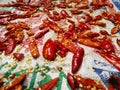 Red cut chilies on a sack Royalty Free Stock Photo