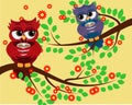 2 red cute flirtatious owls on branches, with a cup of steaming coffee, tea or chocolate