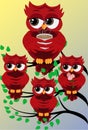 red cute flirtatious owls on branches, with roses, with a cup of steaming coffee, tea or chocolate