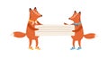 Red cute foxes holding empty banner, placard with place for text. Childish decoration, scrapbook element for school