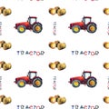 Red cute tractor and haystacks and letter tractor