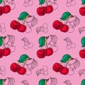 Red cuty fresh cherry fruit,green leaves and black contour on pink background.Vector seamless pattern. Royalty Free Stock Photo