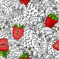 Red cuty fresh strawberry fruits,green leaves and black contour on white background.Vector seamless pattern. Royalty Free Stock Photo