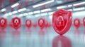 Red cybersecurity shields displayed in a high tech industrial setting, symbolizing robust digital infrastructure, network secur