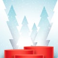 3 red pedestals standing on snowy forest background. Vector Christmas scene with empty space. Royalty Free Stock Photo