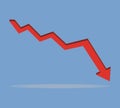 Red 3d arrow going down stock icon on blue background. Bankruptcy, financial market crash icon for your web site design, sign.