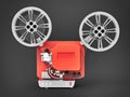 Red 3d cinema film projector isolated on gray background. 3d rendering. Royalty Free Stock Photo