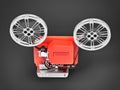 Red 3d cinema film projector isolated on gray background. 3d rendering. Royalty Free Stock Photo