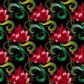 Red 3d Flowers Seamless Pattern. Vector Floral Black Background
