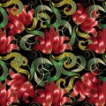 Red 3d flowers seamless pattern. Vector floral black background Royalty Free Stock Photo