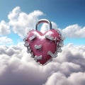 A red 3D heart entwined with a metal chain on a background of clouds