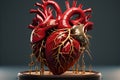 Red 3D heart medicine with stand on dark background by Generative AI