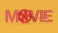 Red 3d movie type-text letters roll film yellow background 3d render movie,cinema,entertainment concept