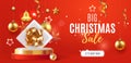 Red 3D realistic Merry Christmas and happy new year Sale promotion banner with festive decoration for Christmas. Gift