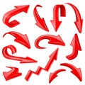 Red 3d shiny arrows. Set of bent icons Royalty Free Stock Photo