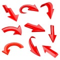 Red 3d shiny arrows. Set of bent icons Royalty Free Stock Photo