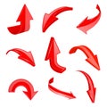 Red 3d shiny arrows. Set of bent icons Royalty Free Stock Photo