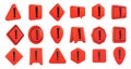 Red 3D warning signs. Hazard danger symbols with exclamation marks, emergency caution safety icons and attention alert