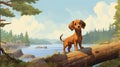Nostalgic Children\'s Book Illustration: Dachshund Puppy By The River
