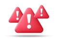 Red danger warning triangle 3d icon. Alert, caution or emergency notification symbol. Danger hazard notification. Vector