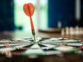 Red dart arrow hit in the target center of dartboard, winner concept, goal concept Royalty Free Stock Photo