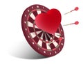 Red dart arrows in center of heart target. Struggle for the sympathy and heart of partner. Realistic 3d vector