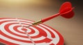 Red dart embedded in a bullseye on a circular dartboard with alternating red and Royalty Free Stock Photo