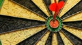 Red dart success on bullseye for business investment goals and seizing opportunities