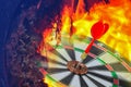 Red Darts arrow hitting in the target center of dartboard. Royalty Free Stock Photo